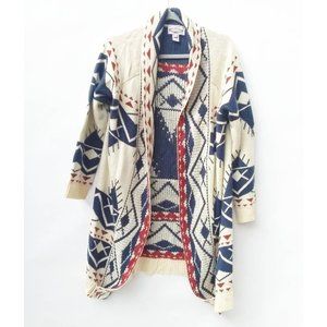 Anthropologie Oliver Womens Cardigan Sweater White Navy Geometric 3/4 Sleeve L